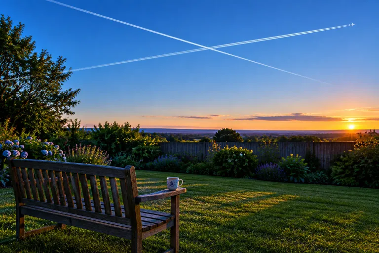 Two contrails crossing an evening sky above a garden bench at sunset