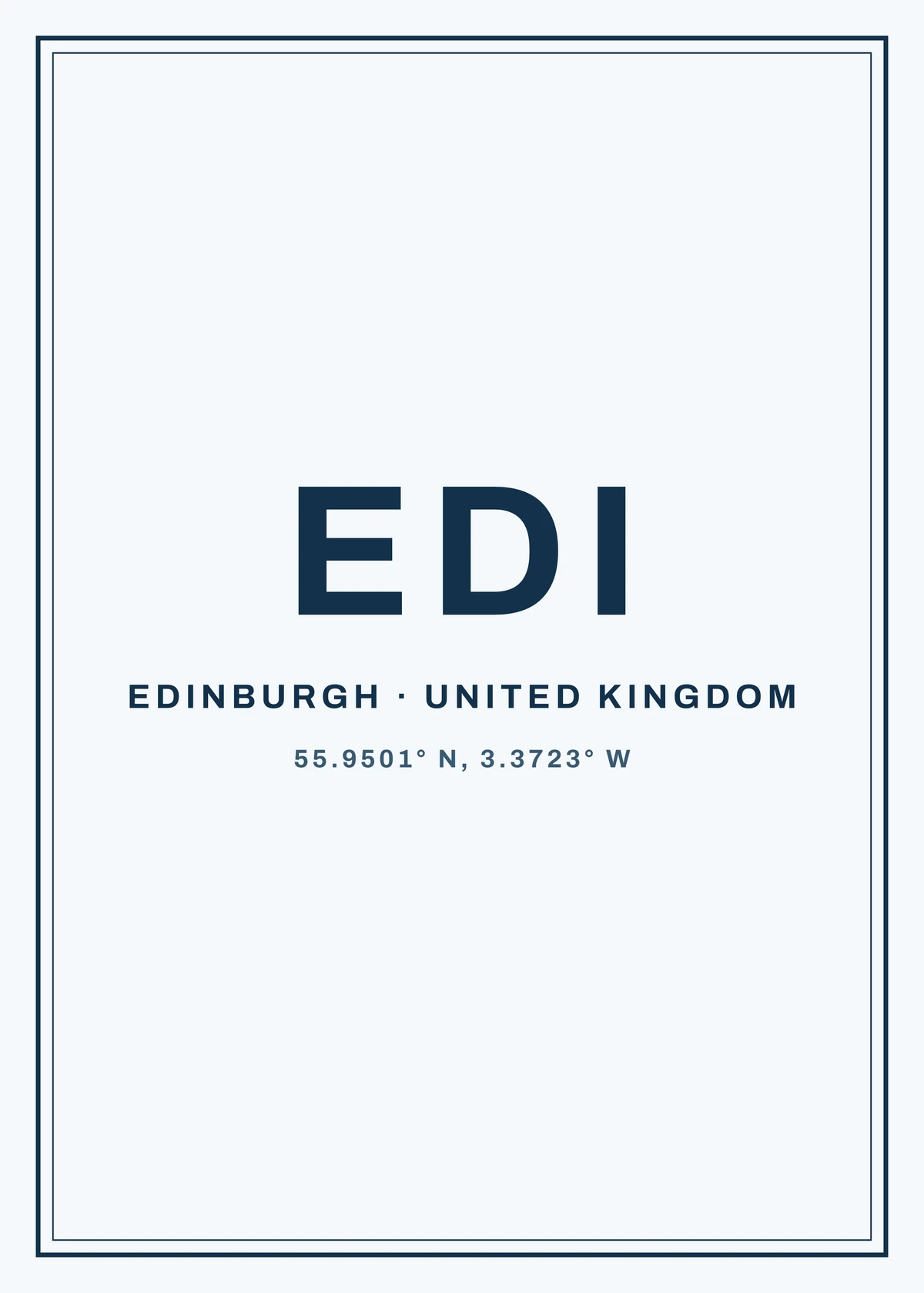 An airport code print for EDI, rendered from the print file: EDI large in navy, EDINBURGH · UNITED KINGDOM and the coordinates beneath, inside a navy double border.