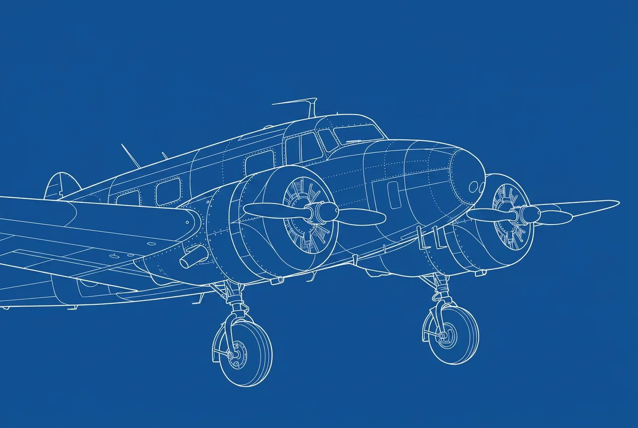 The same aircraft restyled as a technical blueprint drawing