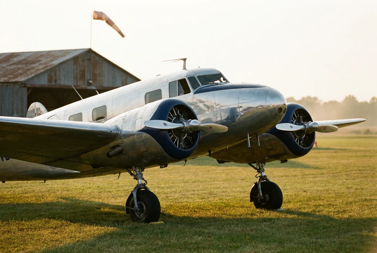 A propeller aircraft on a grass airfield in golden evening light