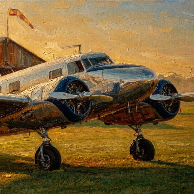 Aircraft photo as a golden-hour oil painting